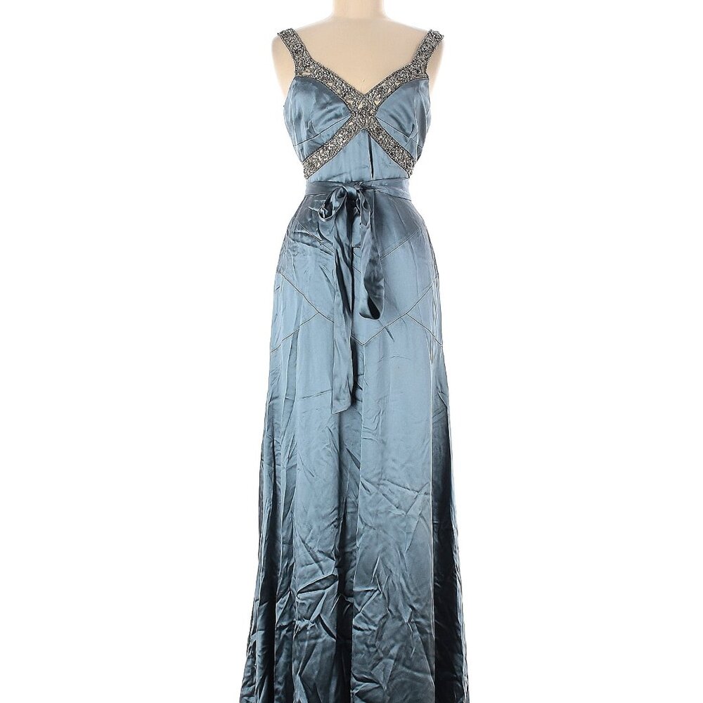 Monique Lhuillier Steel Blue Beaded Strap Maxi Dress